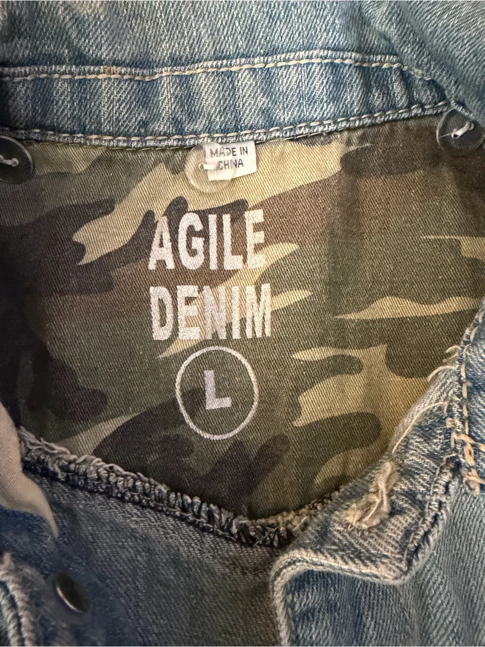 Distressed Light Blue Womens Denim Vest With Camo